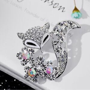 Silver Crystal Fox Brooch with Iridescent Floral Accents